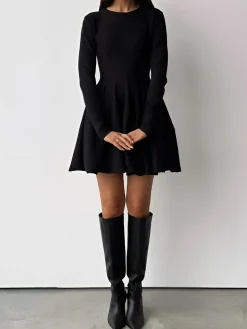 Plain Pleated Sweater Short Dress