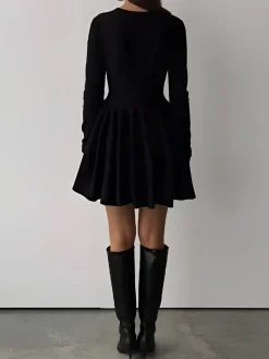 Plain Pleated Sweater Short Dress