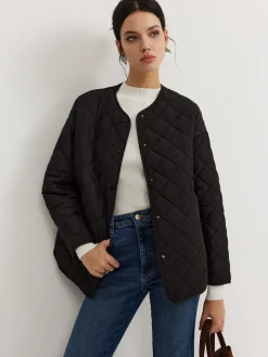 Plain Quilted Button Winter Coat With Scarf
