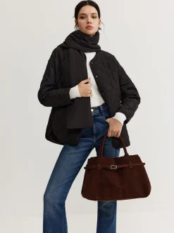 Plain Quilted Button Winter Coat With Scarf
