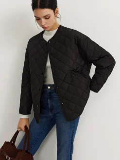Plain Quilted Button Winter Coat With Scarf