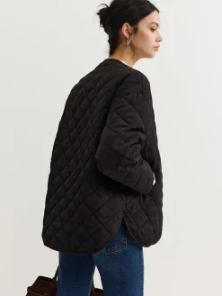 Plain Quilted Button Winter Coat With Scarf