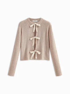Plain Ribbed Bow Knotted Cardigan