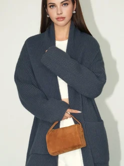 Plain Ribbed Pockets Long Cardigan