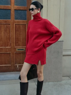 Plain Ribbed Split Sweater Skirt Set
