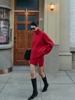 Plain Ribbed Split Sweater Skirt Set