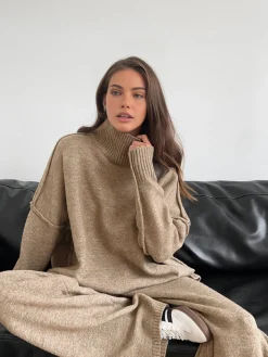 Plain Turtleneck Knit Pants Set