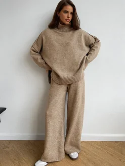 Plain Turtleneck Knit Pants Set