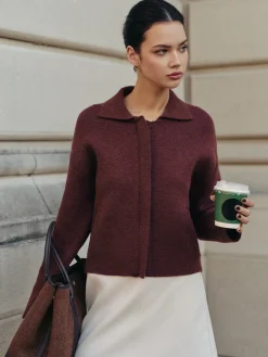 Plain Zipper Polo Cardigan