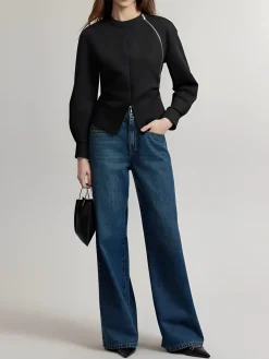Plain Zipper Split Blouse