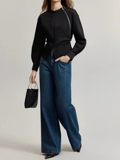 Plain Zipper Split Blouse