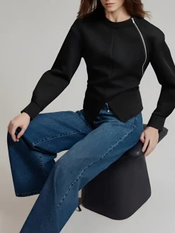 Plain Zipper Split Blouse