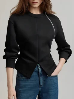 Plain Zipper Split Blouse