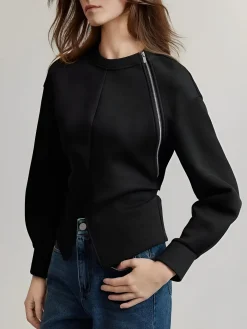 Plain Zipper Split Blouse