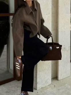 Plain Zipper Tweed Jacket