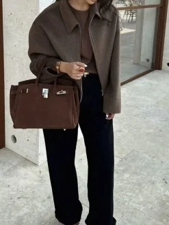Plain Zipper Tweed Jacket