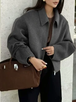 Plain Zipper Tweed Jacket