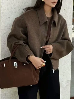 Plain Zipper Tweed Jacket