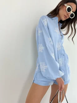 Plant Embroidery Casual Shorts Set