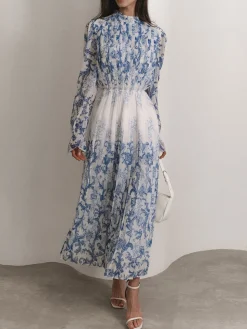 Plant Pattern Printed Pleated Long Dress