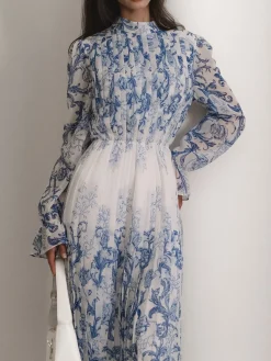 Plant Pattern Printed Pleated Long Dress