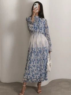 Plant Pattern Printed Pleated Long Dress
