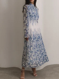 Plant Pattern Printed Pleated Long Dress
