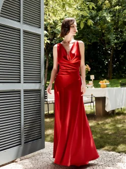 Pleated Backless Satin Tank Long Dress