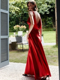 Pleated Backless Satin Tank Long Dress