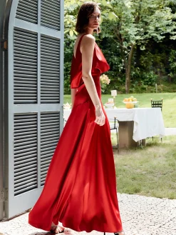 Pleated Backless Satin Tank Long Dress
