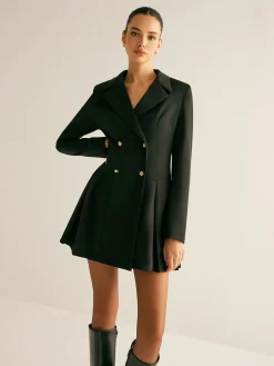 Pleated Blazer Dress With Shoulder Pads