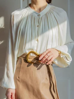 Pleated Collar Pearl Button Shirt