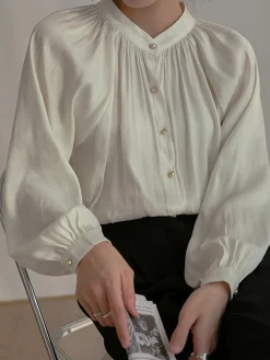 Pleated Collar Pearl Button Shirt