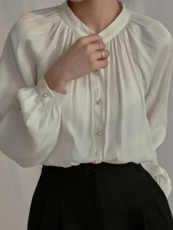 Pleated Collar Pearl Button Shirt
