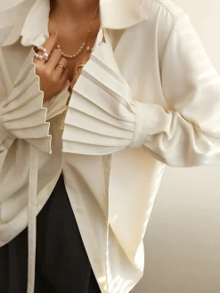 Pleated Cuff Collar Tied Button Shirt