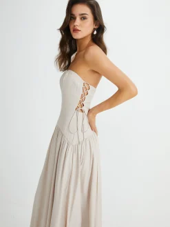 Pleated Drawstring Pockets Long Dress