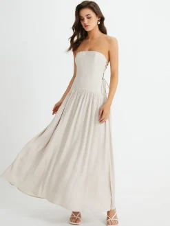 Pleated Drawstring Pockets Long Dress