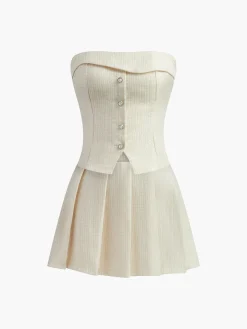 Pleated Front Button Zipper Strapless Skirt Set