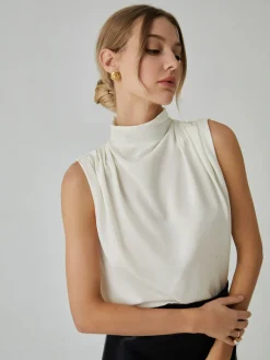 Pleated High Neck Sleeveless Blouse
