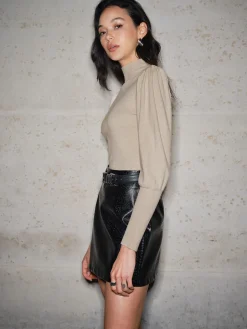 Pleated Lantern Sleeve Slim Sweater