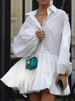 Pleated Long Sleeve Button Up Collar Mini Dress