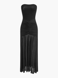 Pleated Mesh Tube Dress With Shawl