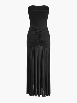 Pleated Mesh Tube Dress With Shawl