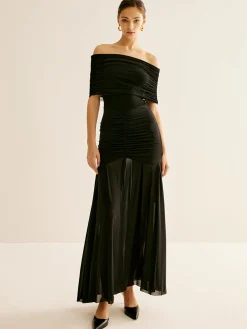 Pleated Mesh Tube Dress With Shawl
