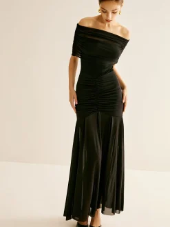 Pleated Mesh Tube Dress With Shawl