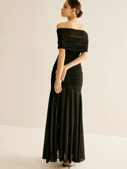 Pleated Mesh Tube Dress With Shawl