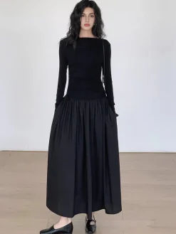 Pleated Patchwork Knit Long Sleeve Midi Dress