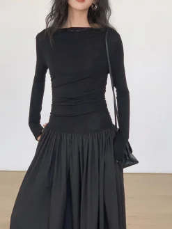 Pleated Patchwork Knit Long Sleeve Midi Dress