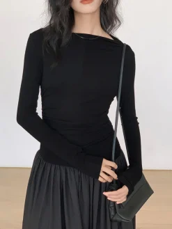 Pleated Patchwork Knit Long Sleeve Midi Dress