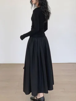 Pleated Patchwork Knit Long Sleeve Midi Dress